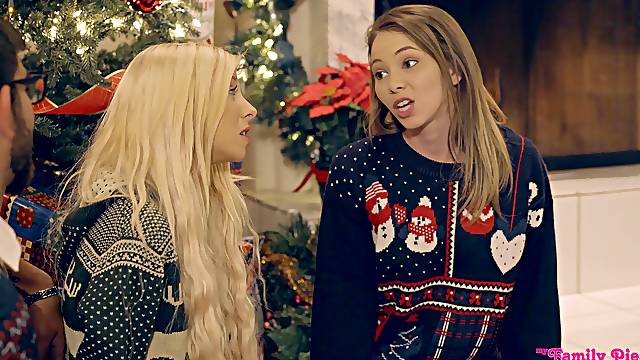 Kinky Christmas threesome with sexy Angel Smalls and Kenzie Reeves