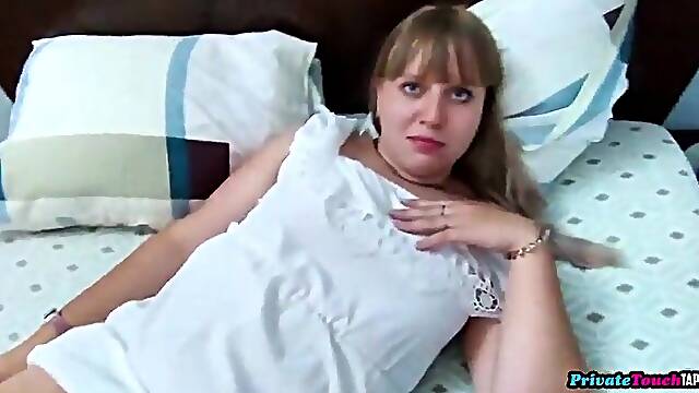 Corpulent nerdy Russian blond cutie sucks her boyfriend's wang and lets him screw her like a dog.